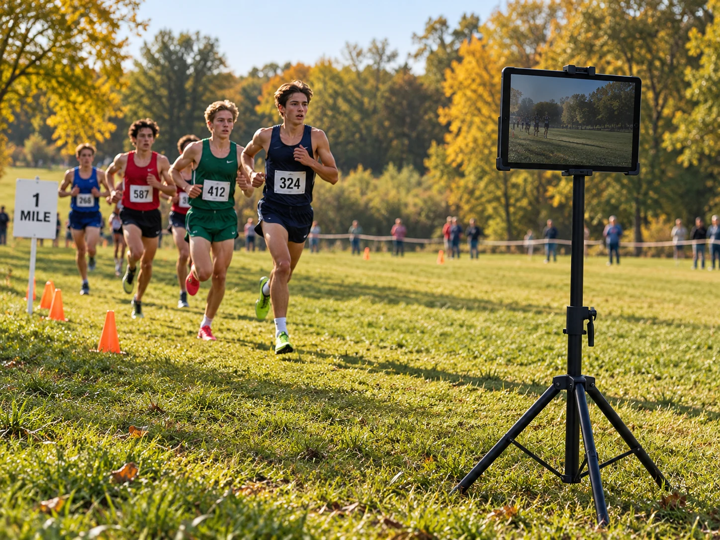 Concept illustration: runners pass a mile marker on a grassy cross-country course while a tablet on a stable tripod records beside the route.