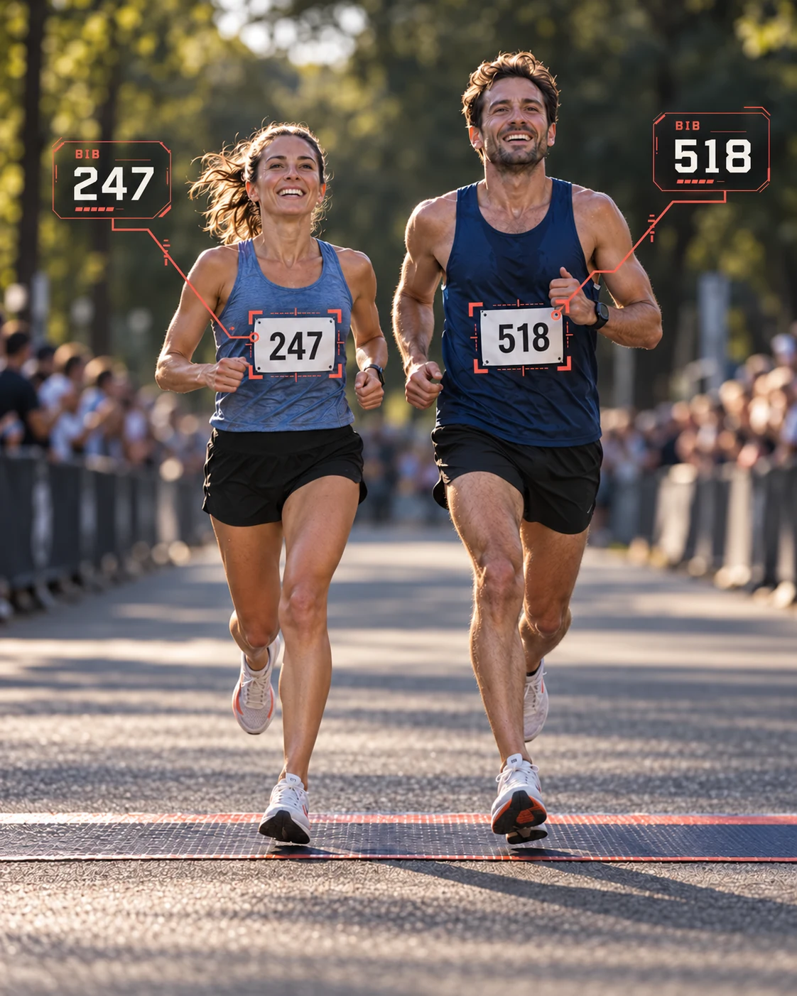 Concept illustration: two runners crossing a finish line, with coral tracking brackets around their bibs and technical callout labels showing 247 and 518.