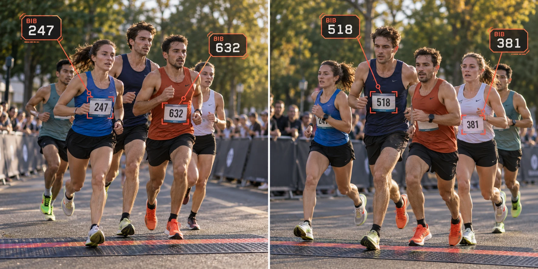 Left camera concept: a pack of five runners with bibs 247 and 632 visible and highlighted, while other bibs are obscured.
