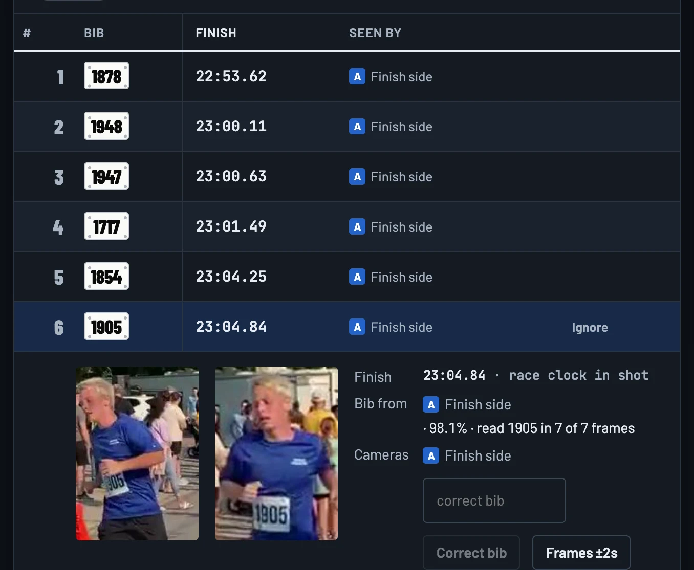 Actual Timing Eyes results list with bib 1905 opened to show the runner at the line and the image used to read the bib.